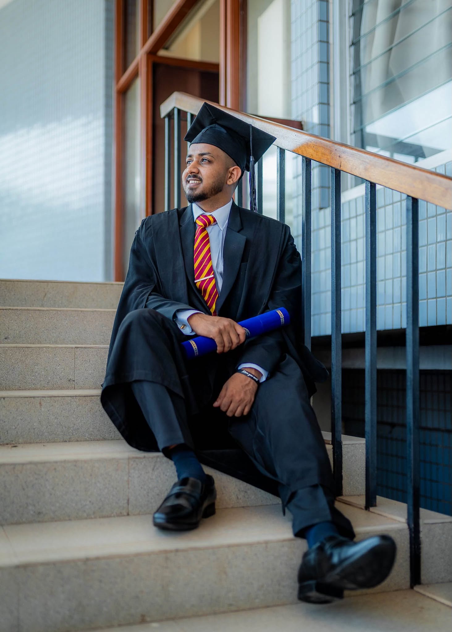 Graduation portrait photography on a staircase in Colombo, Sri Lanka