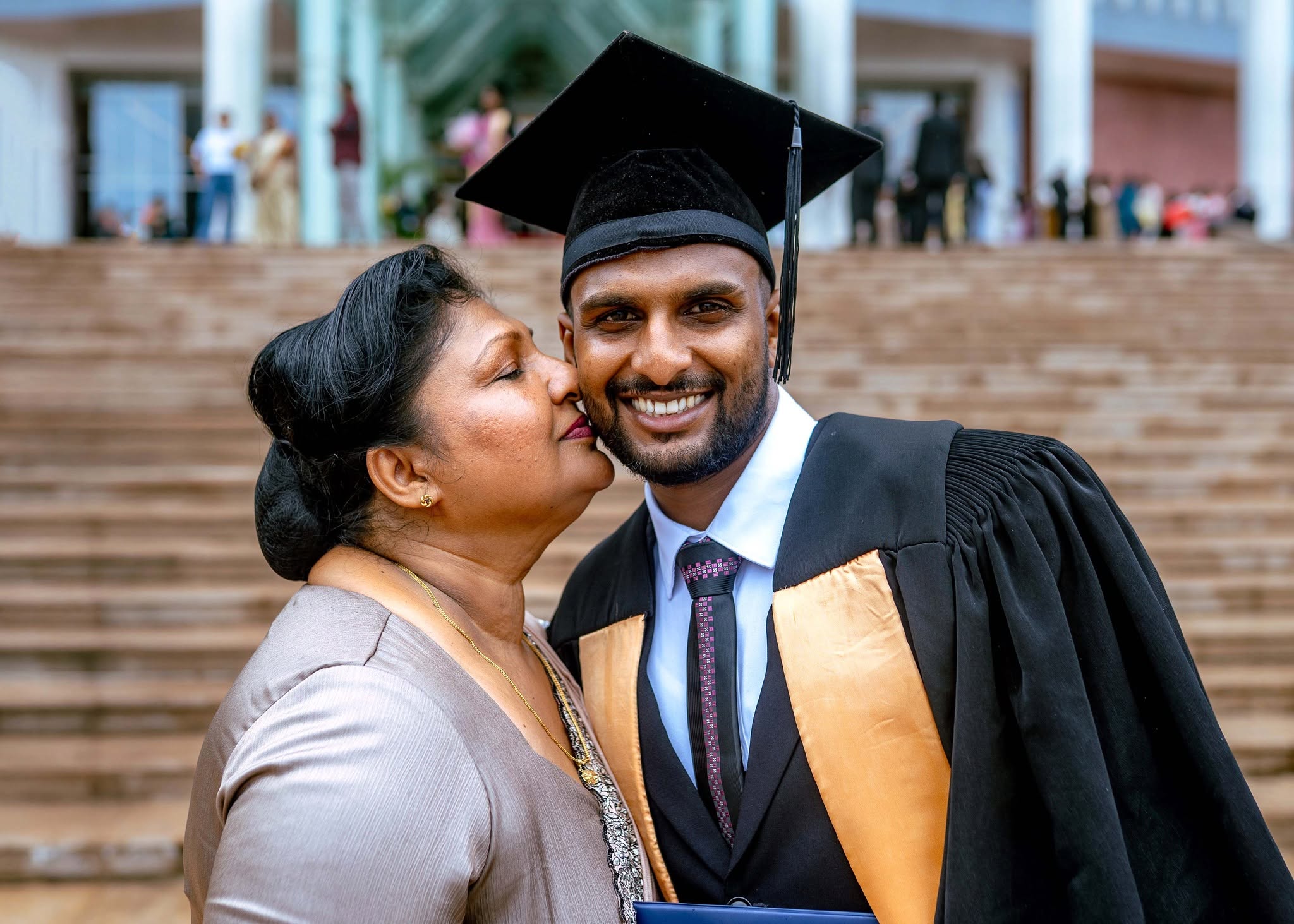 Graduation portrait photography with mother on the steps, Colombo, Sri Lanka