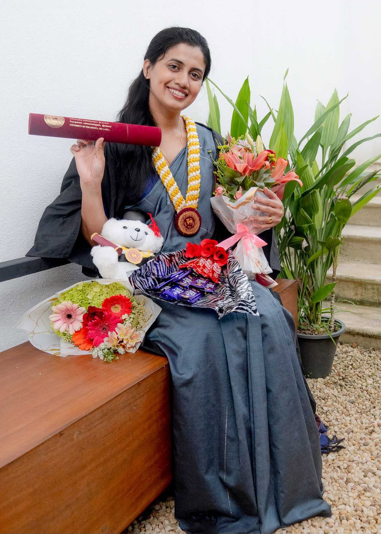 Graduation portrait photography with flowers and gifts in Colombo, Sri Lanka